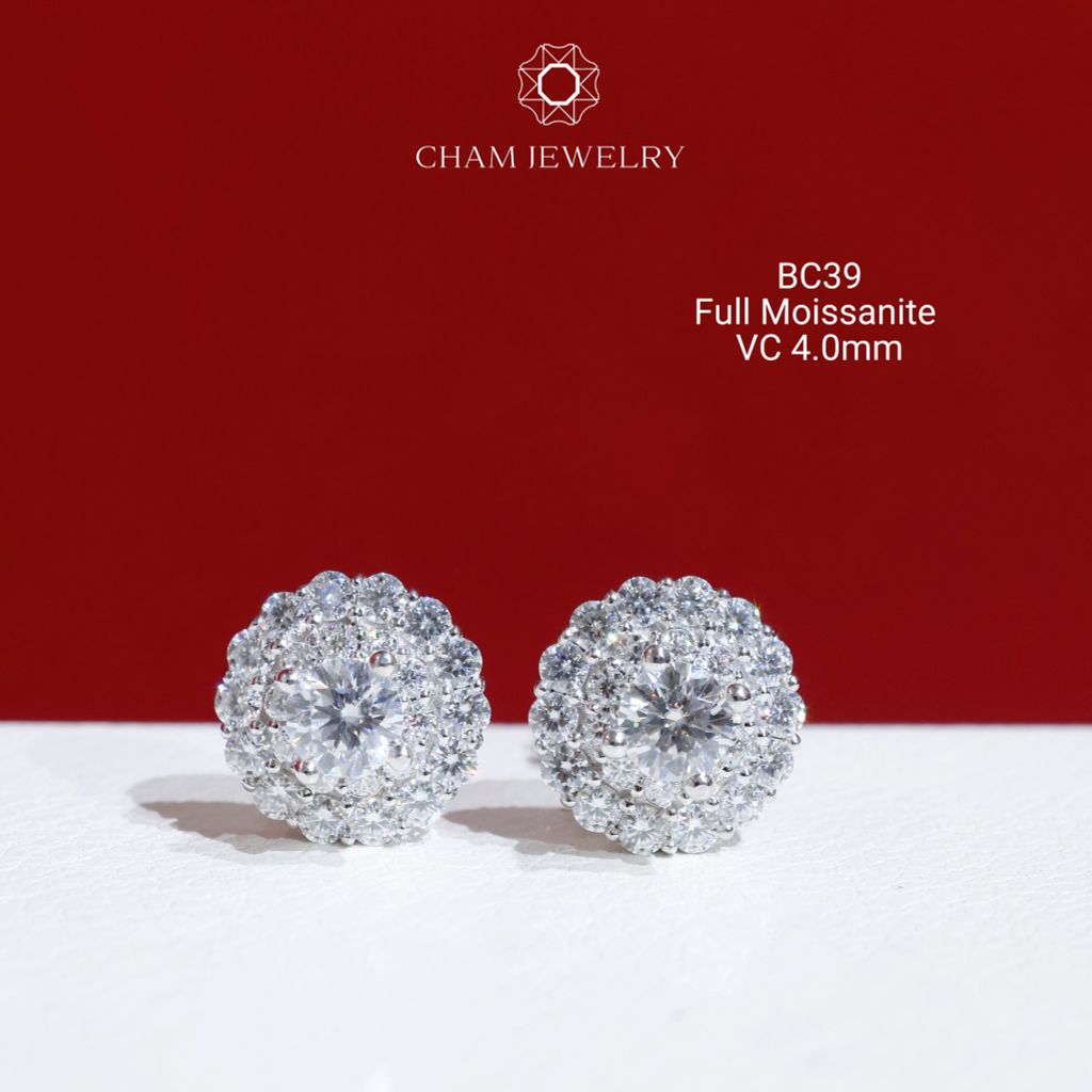 Hoa Tai CHAM JEWELRY BC39, Full Moissanite Chủ 4.0mm (Barcode OB13)