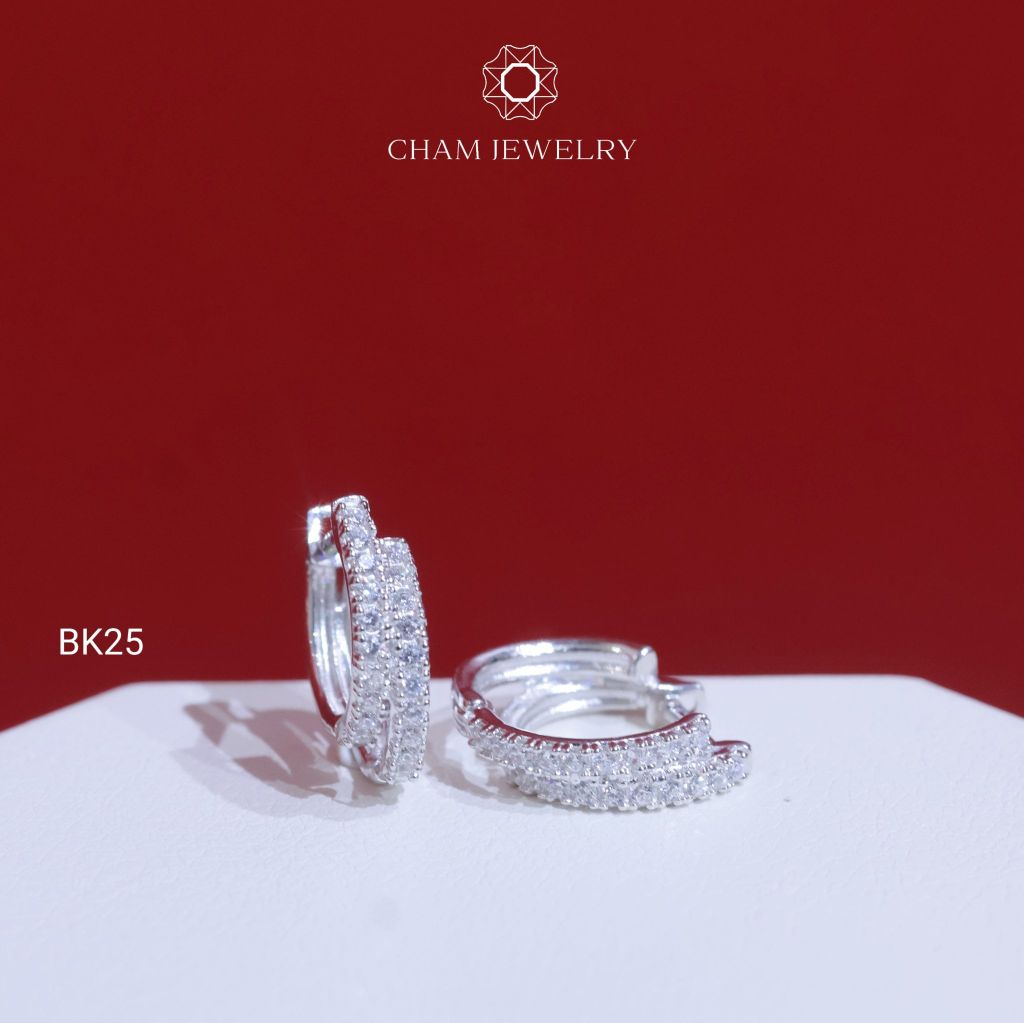 Hoa Tai CHAM JEWERLY BK25, Hoa Tai 2 Hàng Đá Lệch (Barcode TBK103)
