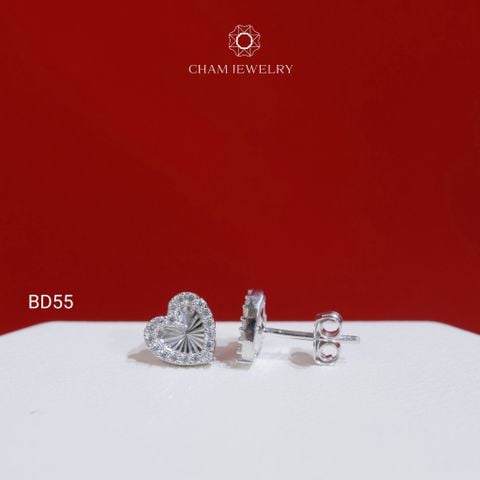 Hoa Tai BD55 CHAM JEWELRY, Hoa Tai Trái Tim Chạm Máy Viền Đá Tấm Bản 8.0mm (Barcode TBD1688).