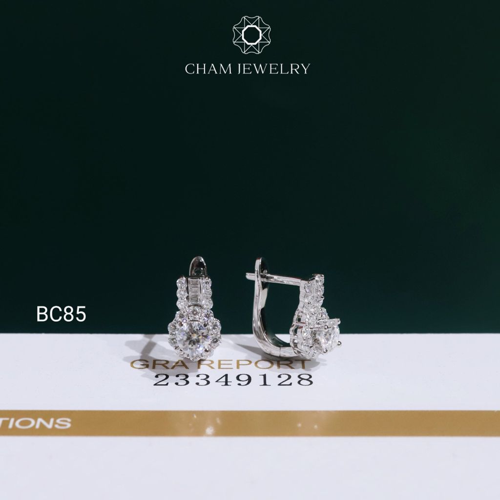 Hoa Tai BC85 CHAM JEWELRY, Hoa Tai Halo Tròn Full Moissanite Chủ 4.0mm (Barcode OCB13)