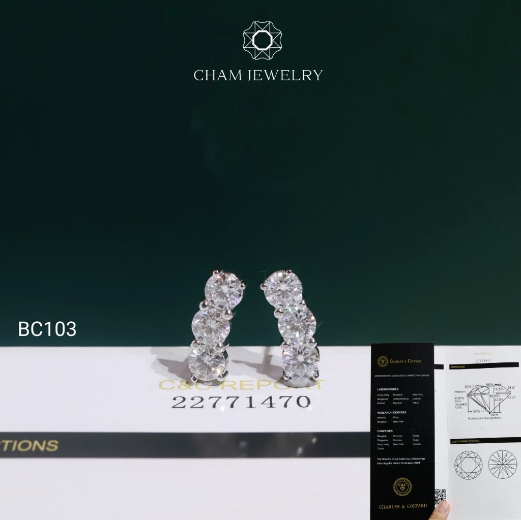 Hoa Tai BC103 CHAM JEWELRY, Đá Moissanite C&C Chủ 5.0mm (Barcode OCB53)
