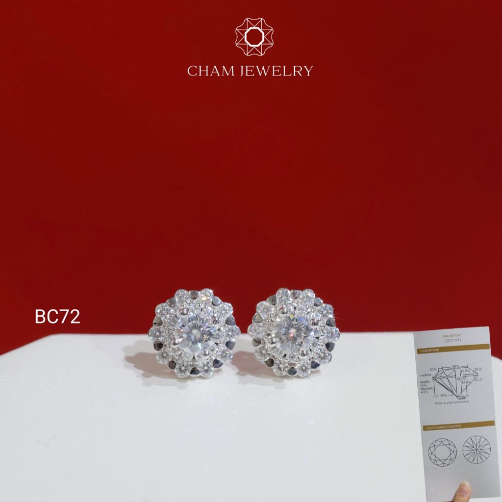 Hoa Tai BC72 CHAM JEWELRY, Hoa Tai Full Moissanite Chủ 4.5mm (Barcode OCB04)