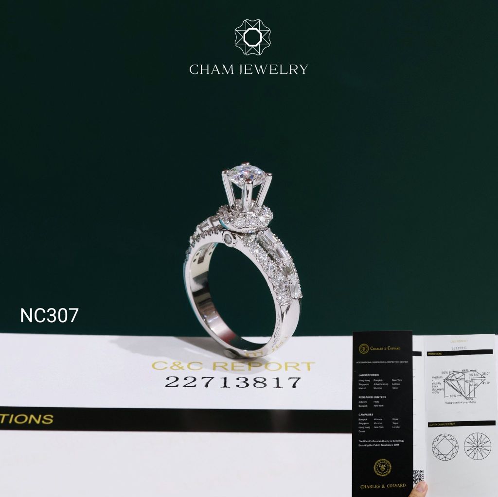 Nhẫn NC307 CHAM JEWELRY, Đá Moissanite C&C Chủ 5.4mm (Barcode OCNN134)