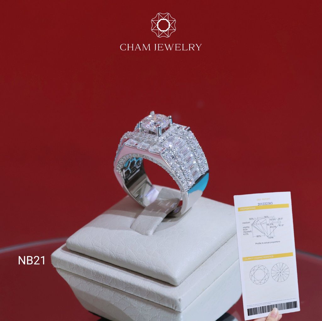 Nhẫn Nam NB21 CHAM JEWELRY, Full Moissanite Cao Cấp, Chủ 7.2mm (Barcode ONNA54)