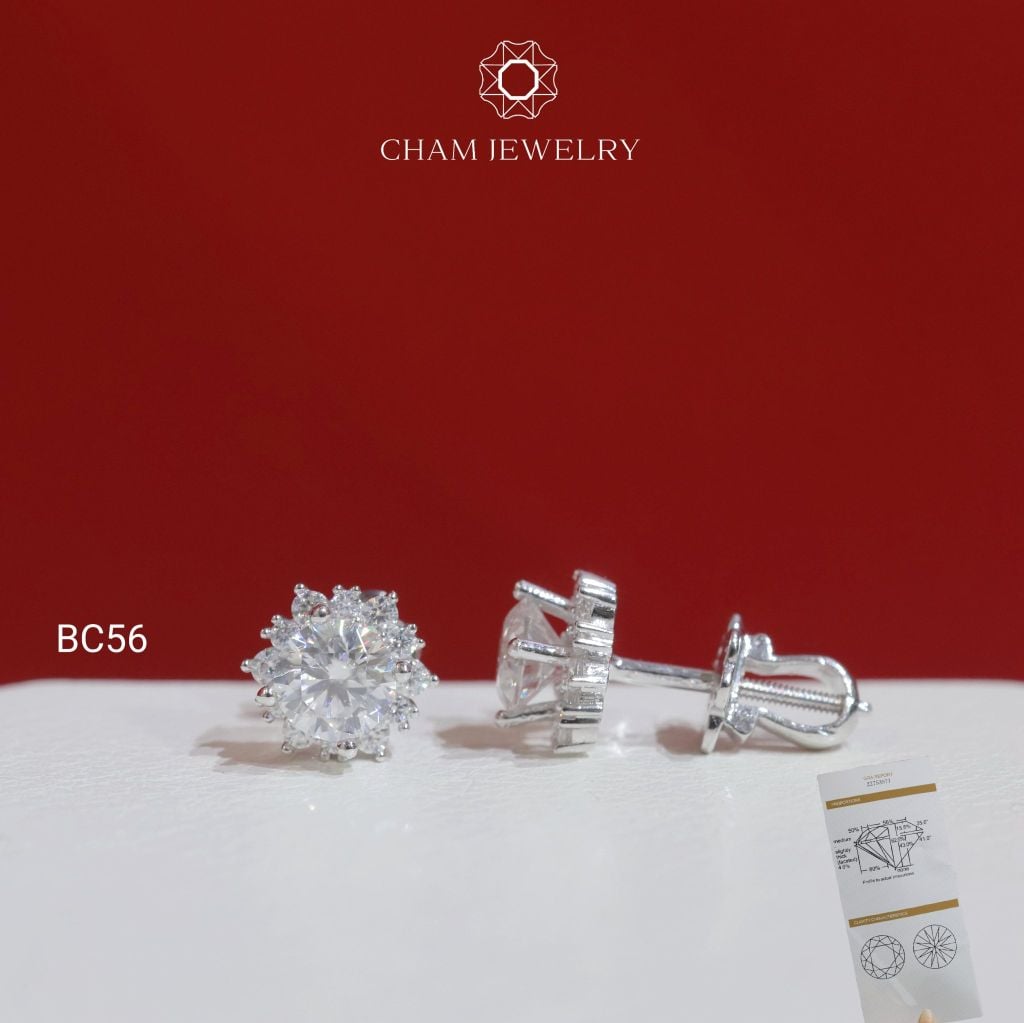 Hoa Tai CHAM JEWELRY BC56, Hoa Tai Hoa Tia Full Moissanite Chủ 5.0mm(Barcode TVM105)