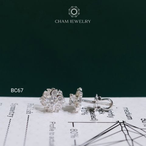 Hoa Tai CHAM JEWELRY BC67, Hoa Tai Xoàn Hoa Full Moissanite Chủ 4.0mm (Barcode TVM155)