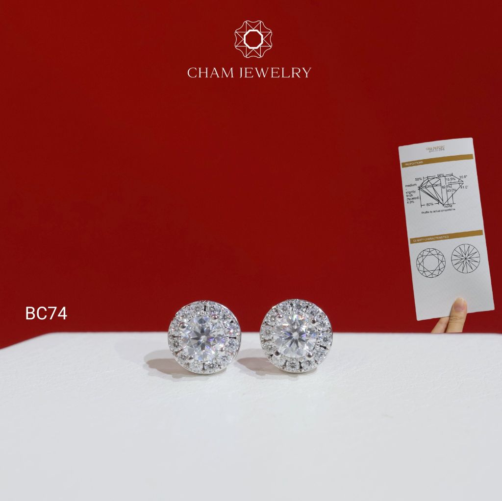 Hoa Tai BC74 CHAM JEWELRY, Hoa Tai Halo Tròn Full Moissanite Chủ 4.0mm (Barcode OCB06)