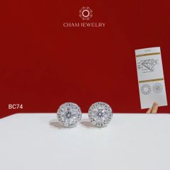 Hoa Tai BC74 CHAM JEWELRY, Hoa Tai Halo Tròn Full Moissanite Chủ 4.0mm (Barcode OCB06)