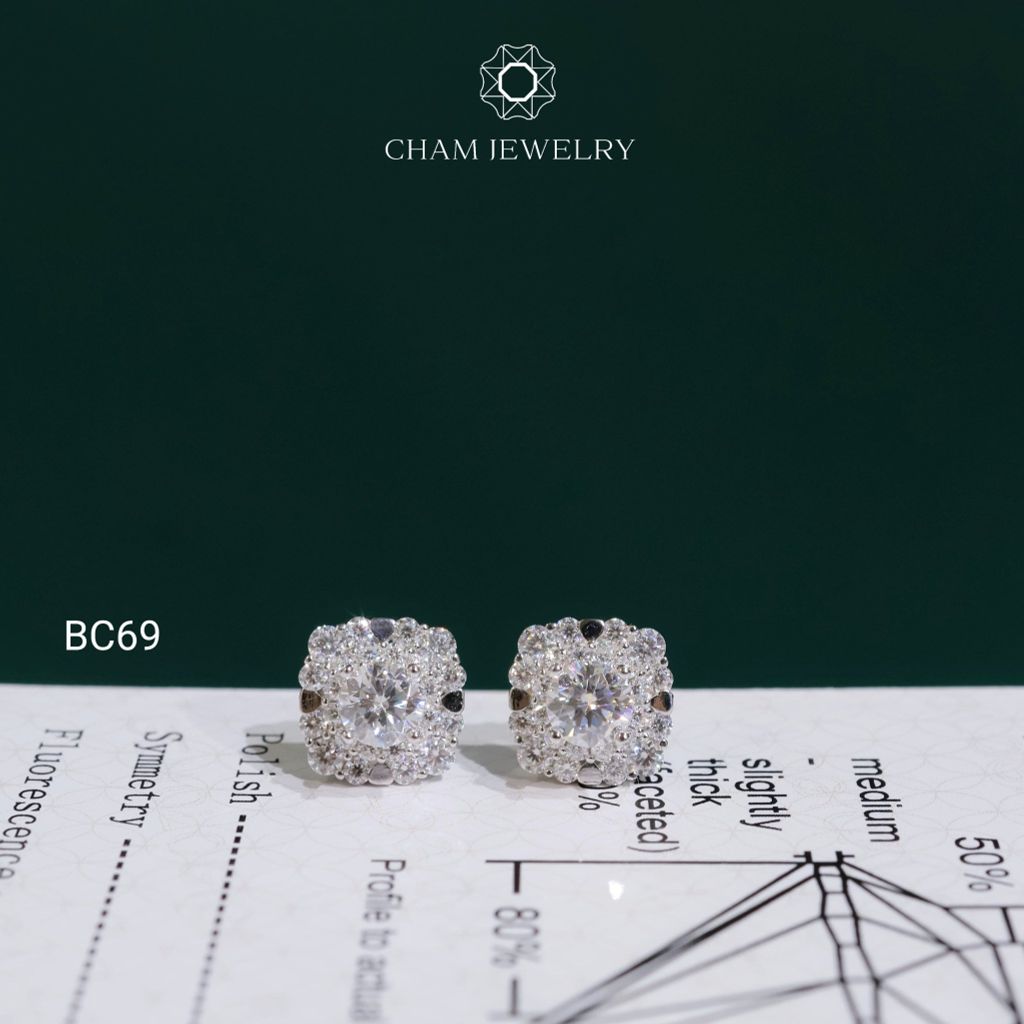 Hoa Tai CHAM JEWELRY BC69, Hoa Tai Full Moissanite Chủ 4.5mm (Barcode TVM157)