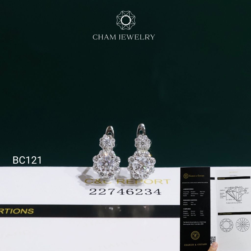 Hoa Tai BC121 CHAM JEWELRY, Hoa Tai Khóa Gài Full Moissanite C&C Chủ 4.5mm ( OCB42 )