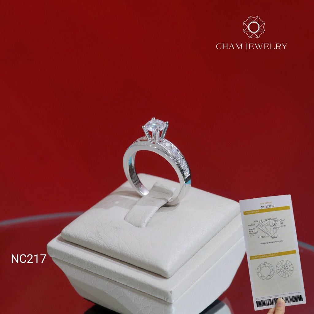 Nhẫn NC217 CHAM JEWELRY, Full Nửa Hàng Đá Moissanite Chủ 5.4mm (Barcode OCNN49)