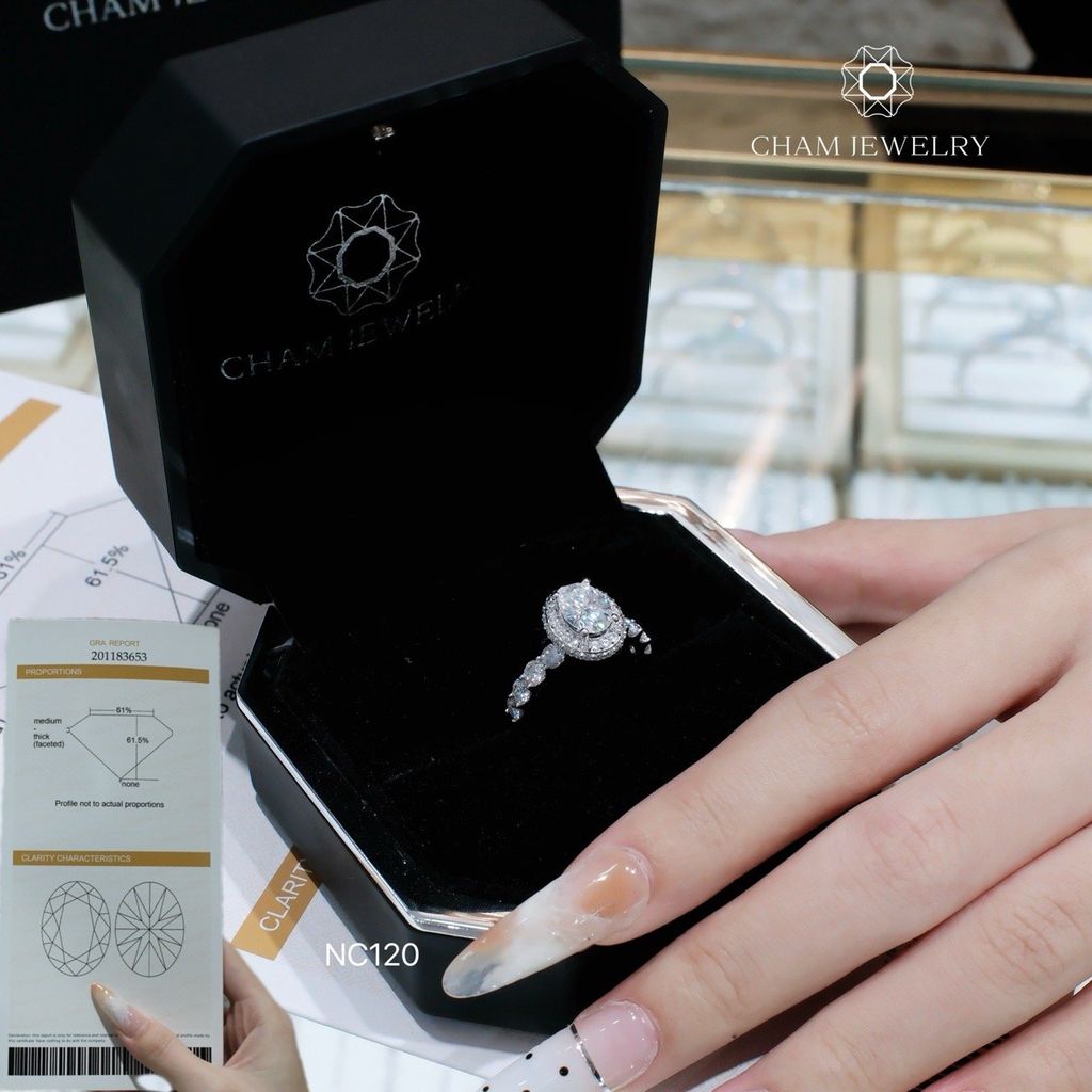 Nhẫn NC120 CHAM JEWELRY, Full Đá Moissanite Chủ Ovan 8.0mm (Barcode OHN10)