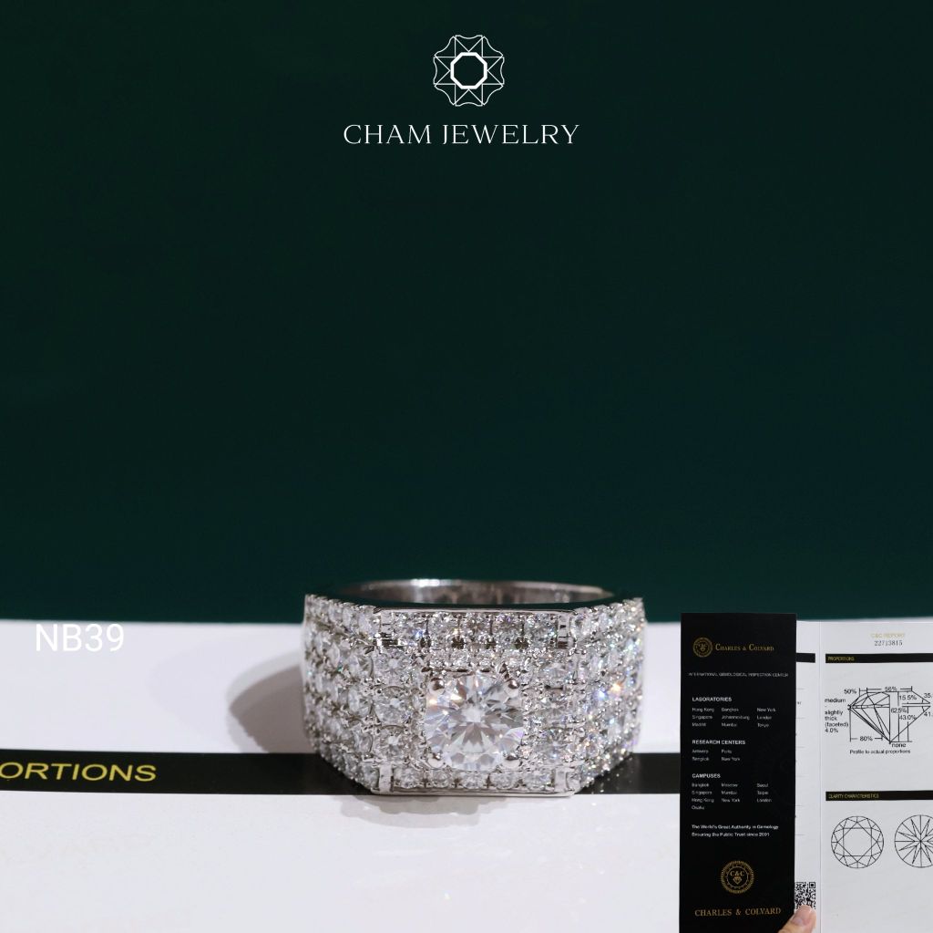 Nhẫn Nam NB39 CHAM JEWELRY,  Chủ 6.5mm Full Moissanite C&C Chủ 6.5mm (Barcode OCNA10)