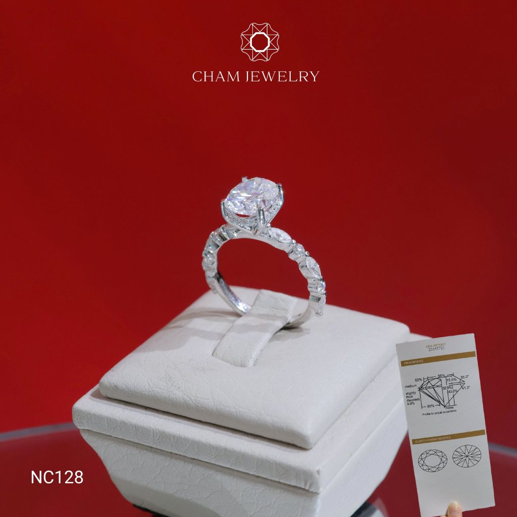 Nhẫn NC128 CHAM JEWELRY, Full Đá Moissanite Chủ 7x9mm (Barcode OCN03)