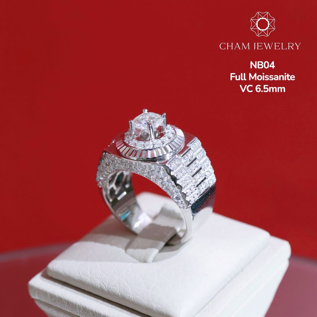 Nhẫn Nam NB04 CHAM JEWELRY, Chủ 6.5mm Full Kim Cương Moissanite Cao Cấp (Barcode TVM21).