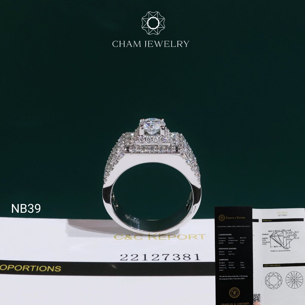 Nhẫn Nam NB39 CHAM JEWELRY,  Chủ 6.5mm Full Moissanite C&C Chủ 6.5mm (Barcode OCNA10)