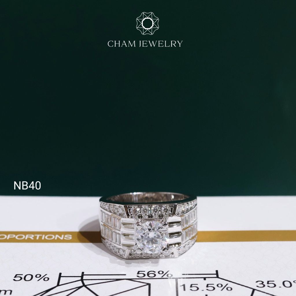 Nhẫn Nam NB40 CHAM JEWELRY, Full Moissanite Chủ 7.5mm (Barcode OCNA08)