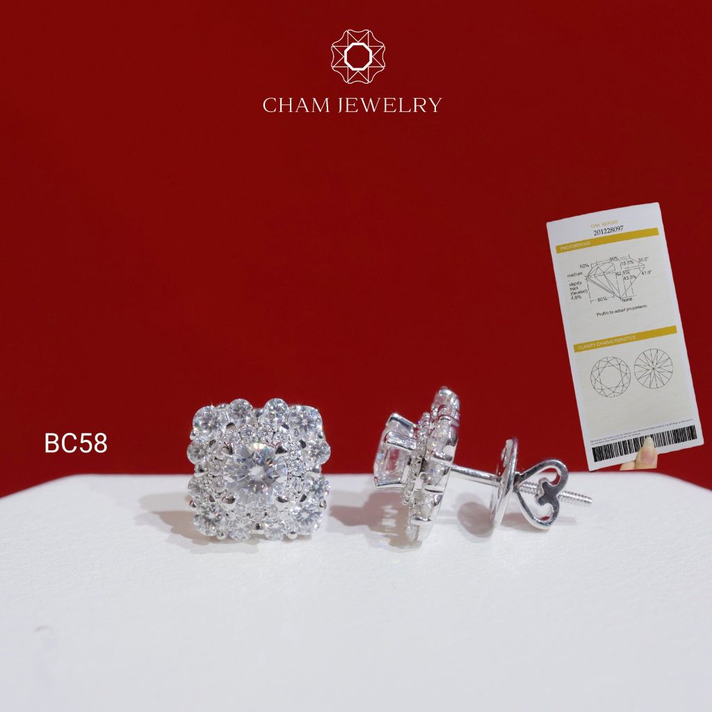 Hoa Tai CHAM JEWELRY BC58, Hoa Tai Full Moissanite Chủ 4.5mm (Barcode OCB01)