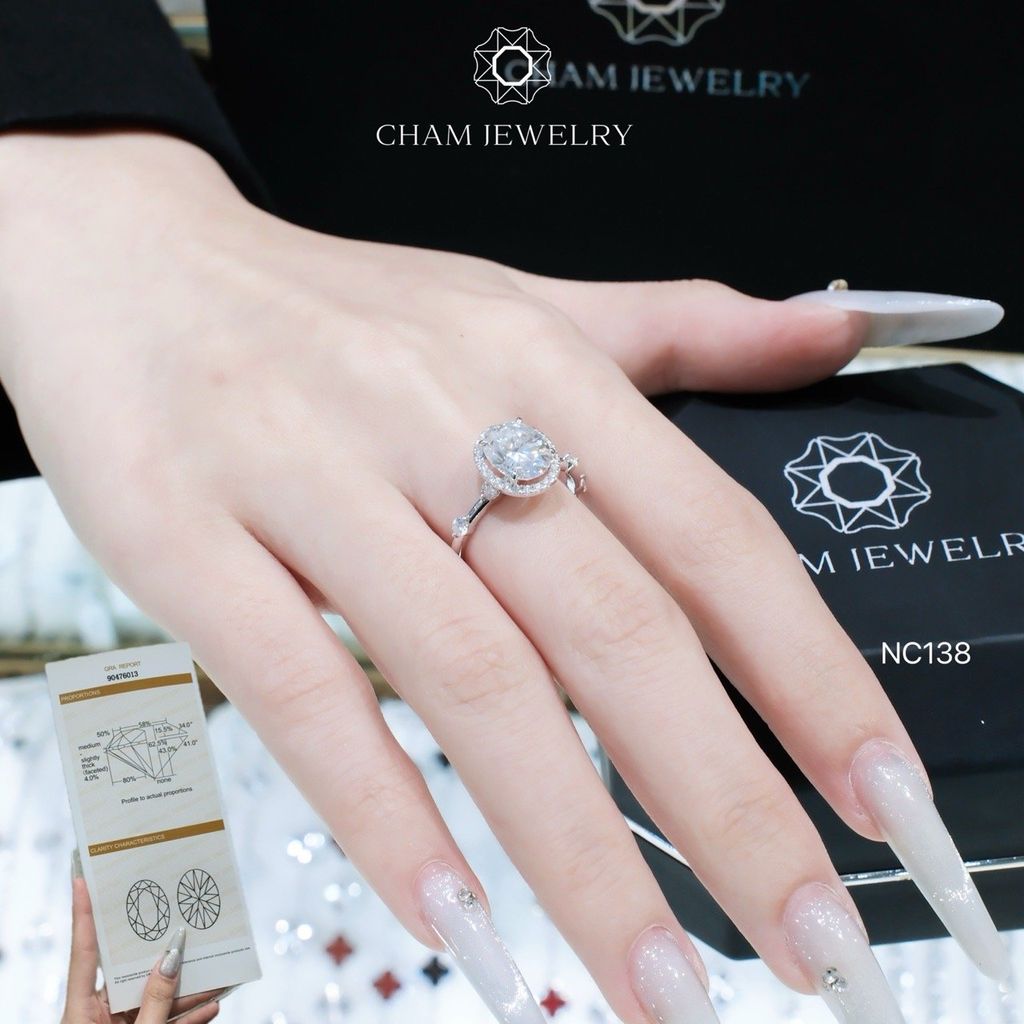 Nhẫn NC138 CHAM JEWELRY, Full Đá Moissanite Chủ 7x9mm (Barcode OTN06)