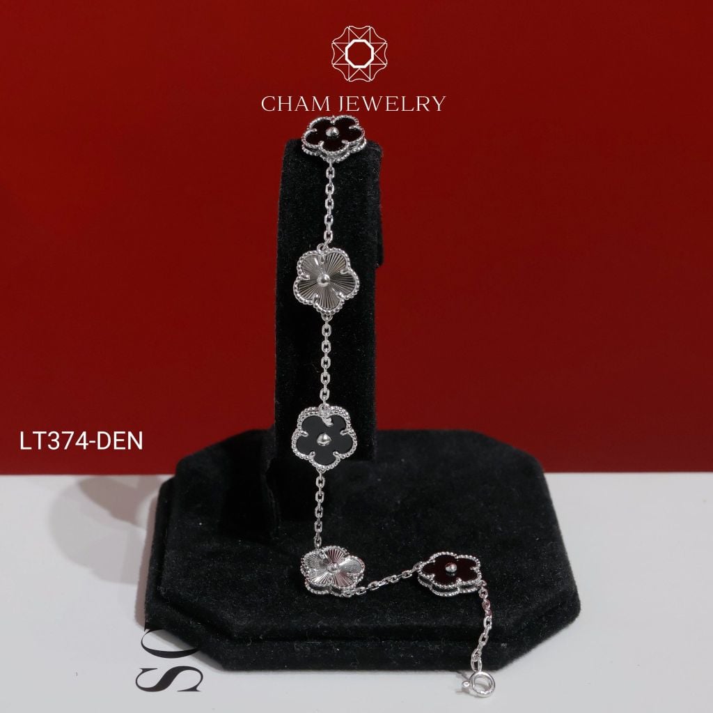 Lắc Tay LT374 CHAM JEWELRY , Lắc Tay Cỏ 5 Lá Free Size Bản 10.0mm Chạm Máy (Barcode TLT1519).