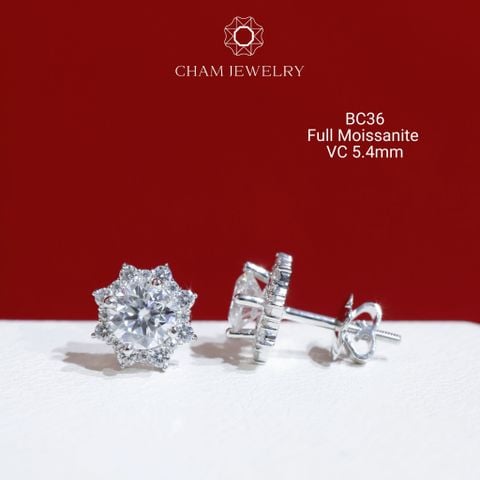 Hoa Tai CHAM JEWELRY BC36, Full Moissanite Chủ 5.4mm (Barcode OB15)
