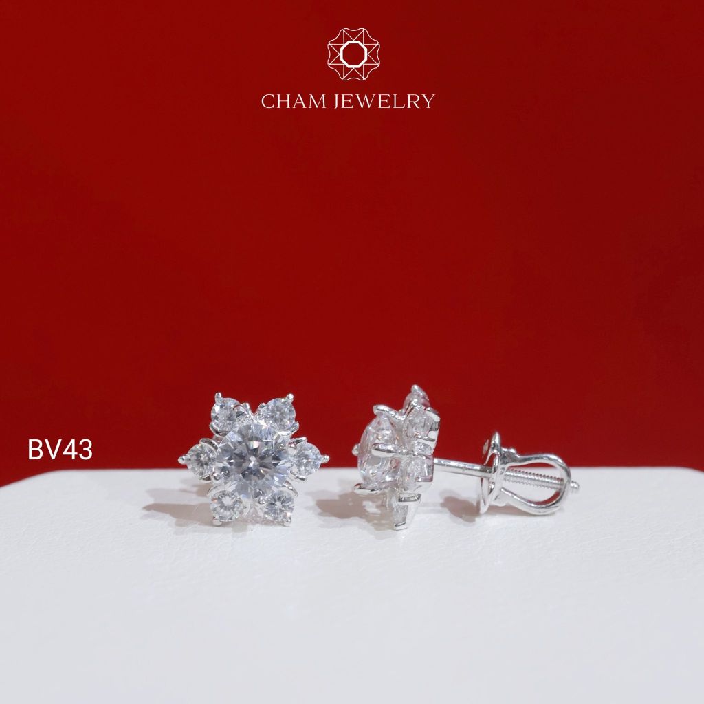 Hoa Tai BV43 CHAM JEWELRY, Hoa Tai Xoàn Hoa Tia Chủ 5.0mm (Barcode TBV498).