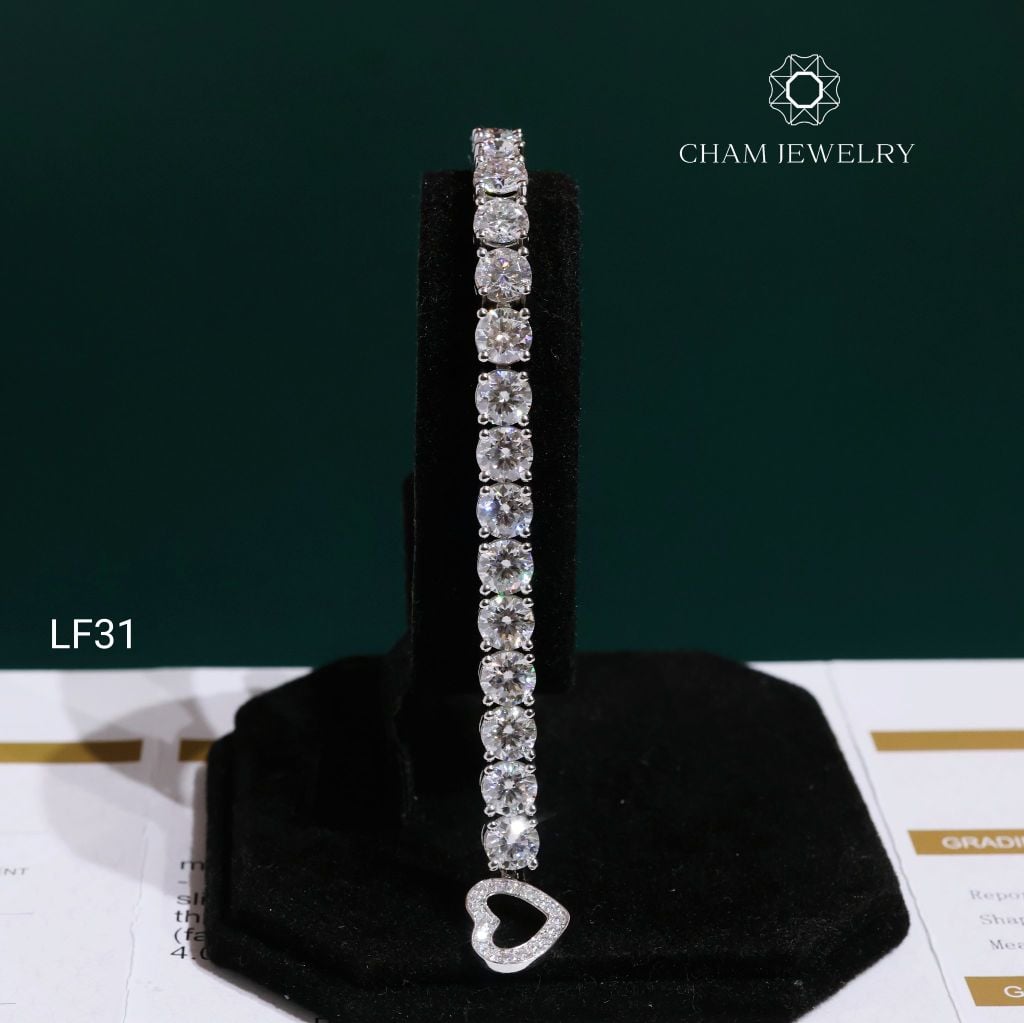 Lắc Tay LF31 CHAM JEWELRY, Full Moissanite Cao Cấp 6.0mm Khóa Tim (Barcode OCL07)