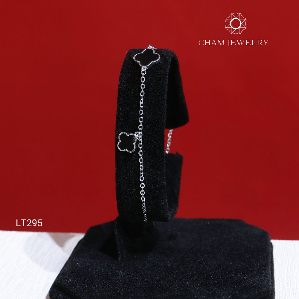 Lắc Tay LT295 CHAM JEWELRY, Lắc Cỏ 4 Lá Đen Kiểu Bảng 9.0mm( Barcode CLACY163).