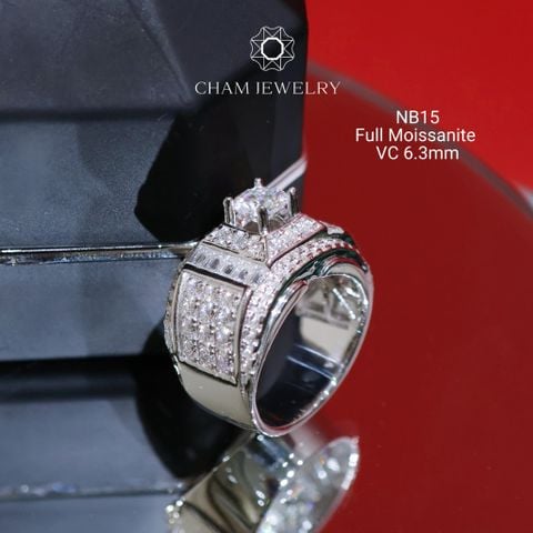 Nhẫn Nam NB15 CHAM JEWELRY, Chủ 6.3mm Full Kim Cương Moissanite Cao Cấp (Barcode CTCNAM03).