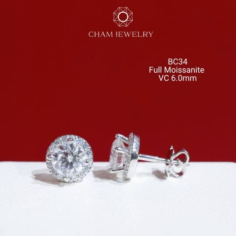 Hoa Tai CHAM JEWELRY BC34, Full Moissanite Chủ 6.0mm (Barcode OB16)