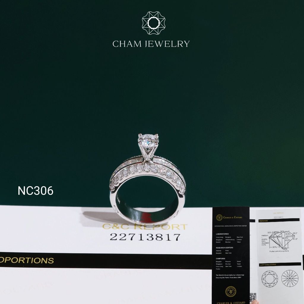 Nhẫn NC306 CHAM JEWELRY, Đá Moissanite C&C Chủ 5.4mm (Barcode OCNN135)