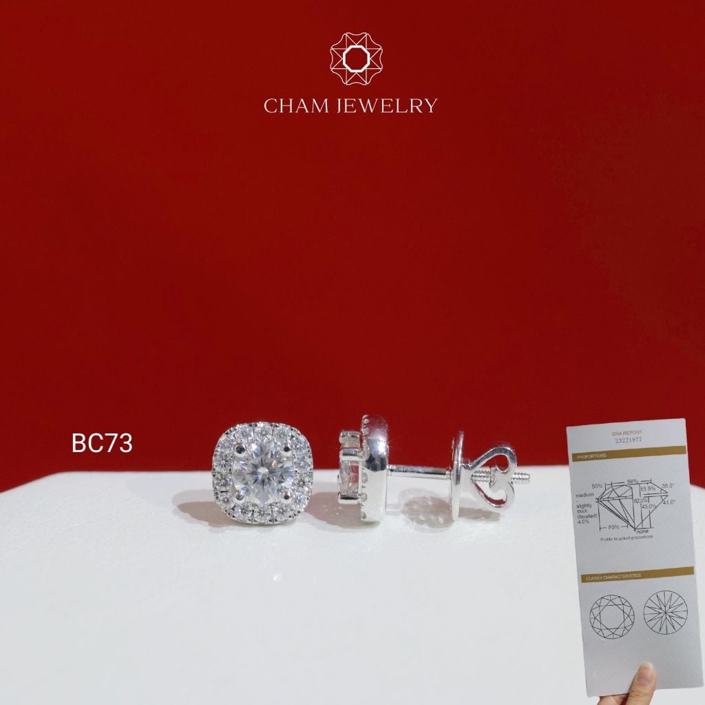 Hoa Tai BC73 CHAM JEWELRY, Hoa Tai Full Moissanite Chủ 4.5mm (Barcode OCB05)