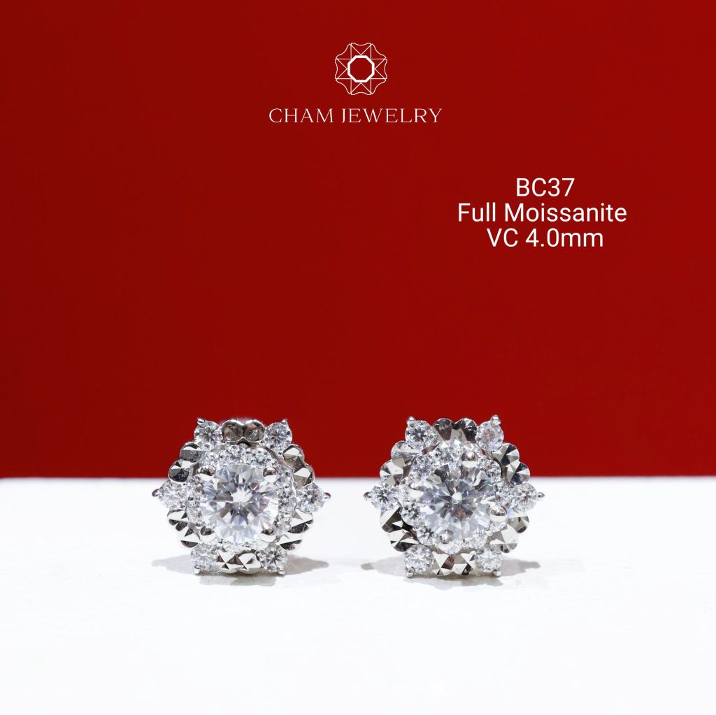 Hoa Tai CHAM JEWELRY BC37, Full Moissanite Chủ 4.0mm (Barcode OB66)
