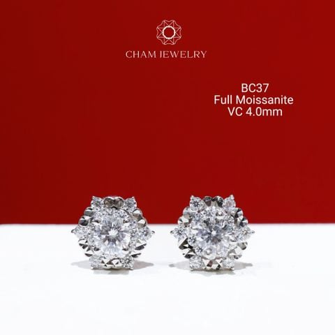 Hoa Tai CHAM JEWELRY BC37, Full Moissanite Chủ 4.0mm (Barcode OB66)