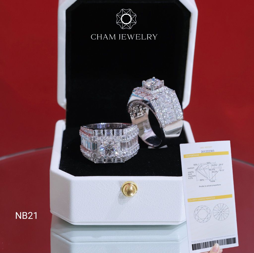 Nhẫn Nam NB21 CHAM JEWELRY, Full Moissanite Cao Cấp, Chủ 7.2mm (Barcode ONNA54)