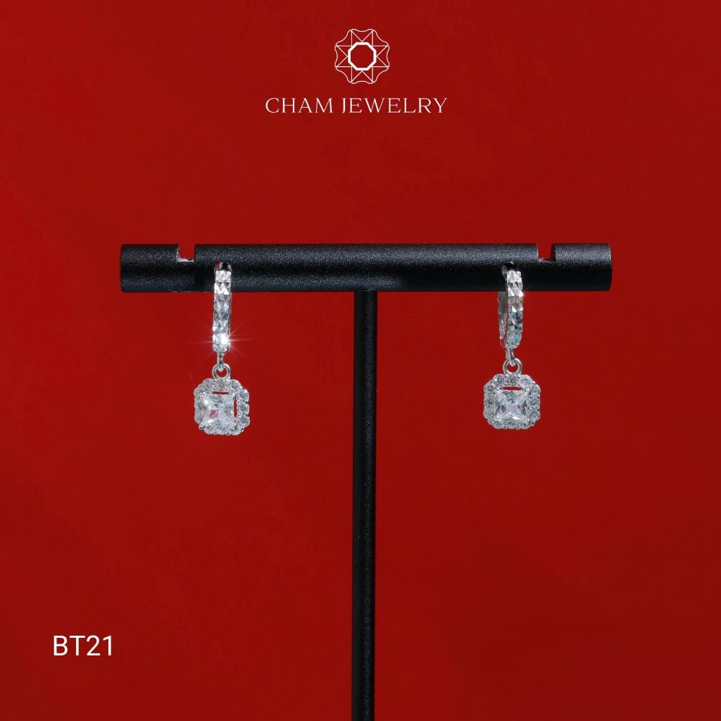 Hoa Tai CHAM JEWERLY BT21, Hoa Tai Tòn Ten Chủ Vuông 4.0mm ( Barcode TBT875).
