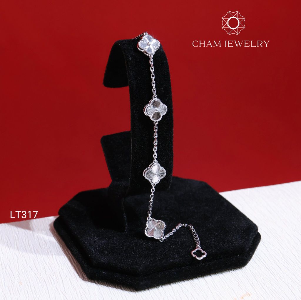 Lắc Tay LT317 CHAM JEWELRY, Lắc Cỏ 4 Lá Trắng Chạm Máy Bảng 8.0mm (Barcode TLT1292-KLVM08).