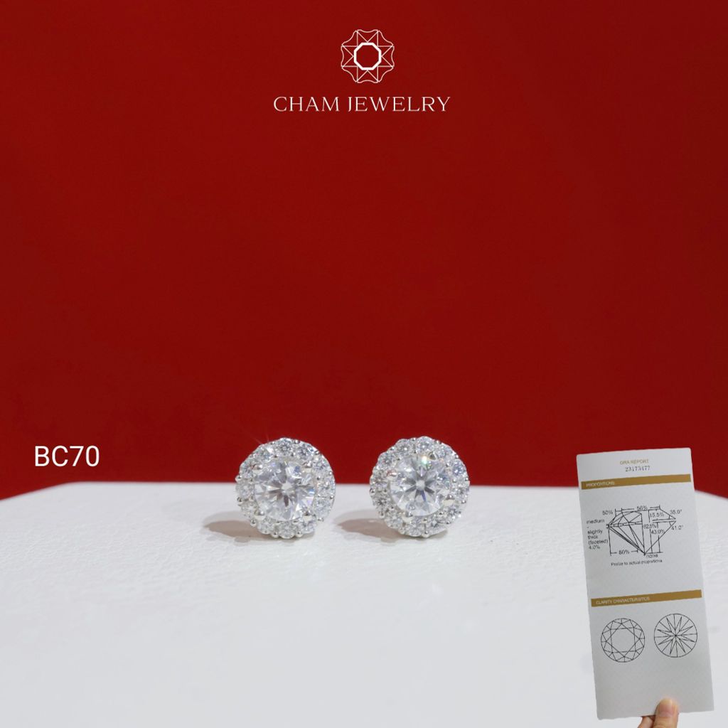 Hoa Tai CHAM JEWELRY BC70, Hoa Tai Halo Tròn Chủ Moissanite Chủ 4.0mm (Barcode TVM37)