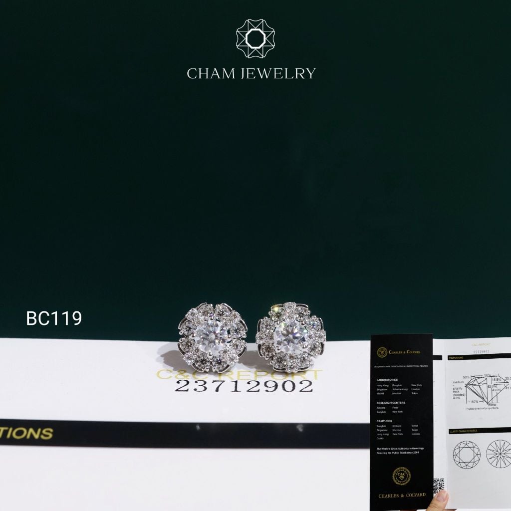 Hoa Tai CHAM JEWELRY BC119, Hoa Tai Full Moissanite Chủ 4.5mm ( OCB37 )