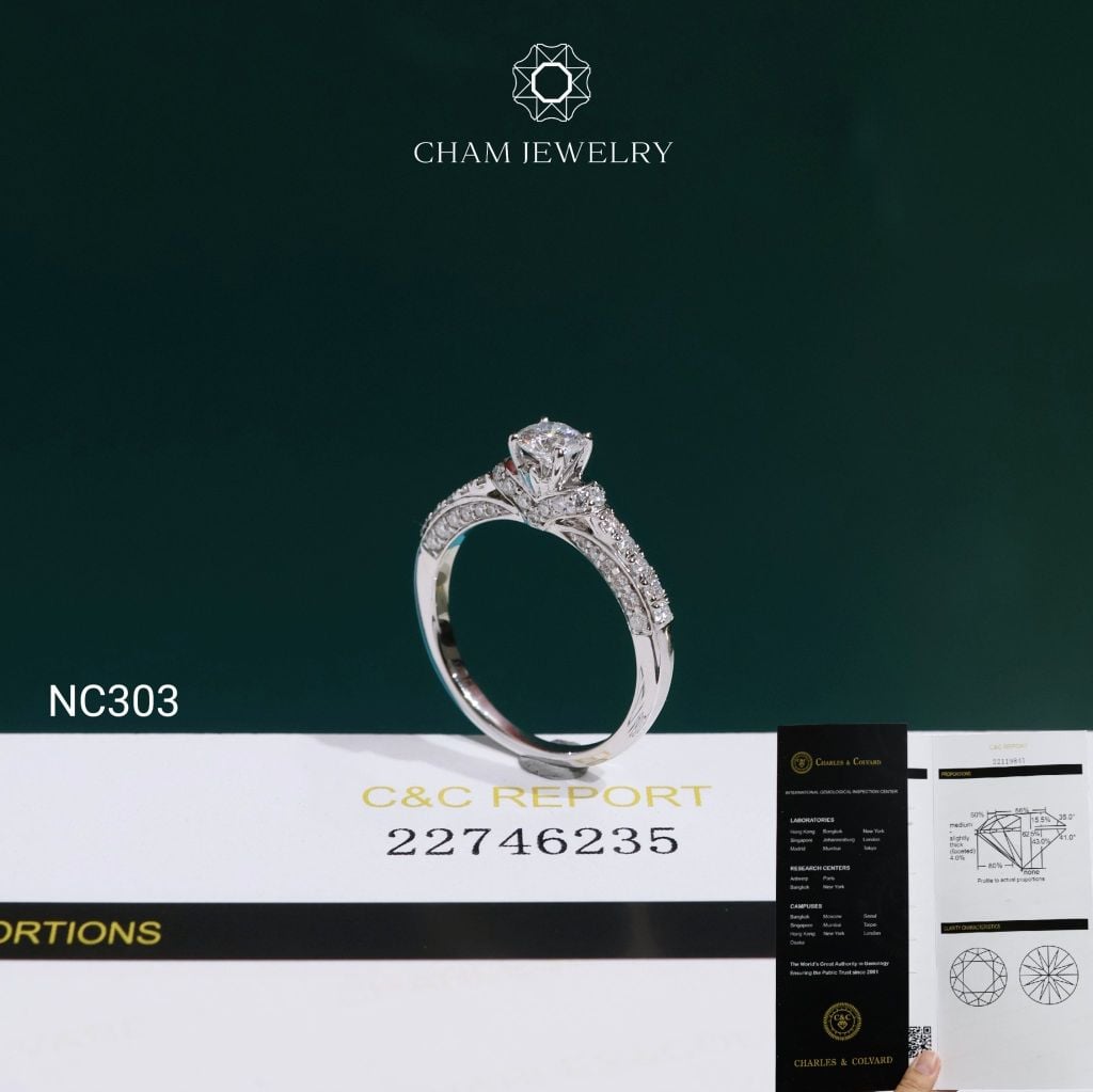 Nhẫn NC303 CHAM JEWELRY, Đá Moissanite C&C Chủ 4.5mm (Barcode OCNN99)