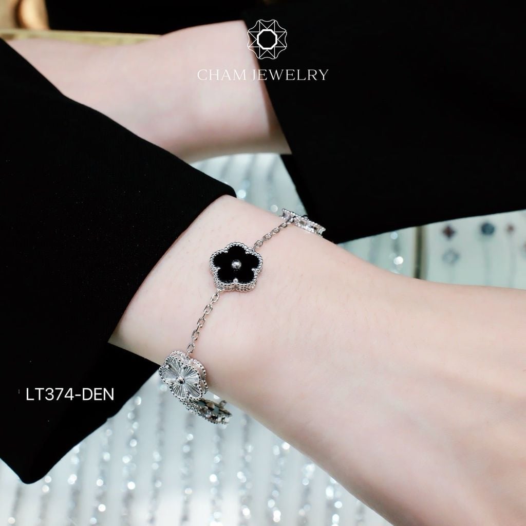 Lắc Tay LT374 CHAM JEWELRY , Lắc Tay Cỏ 5 Lá Free Size Bản 10.0mm Chạm Máy (Barcode TLT1519).