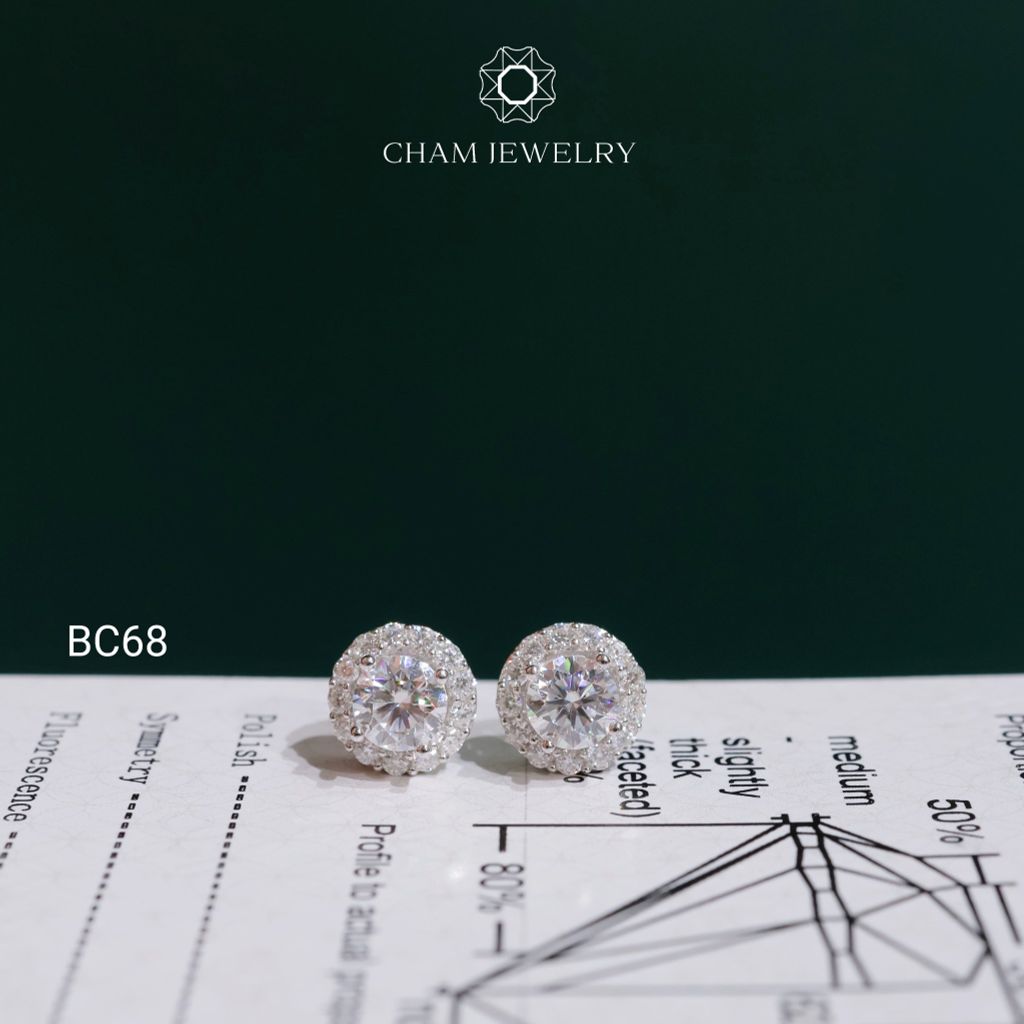 Hoa Tai CHAM JEWELRY BC68, Hoa Tai Halo Tròn Full Moissanite Chủ 5.0mm (Barcode TVM160)