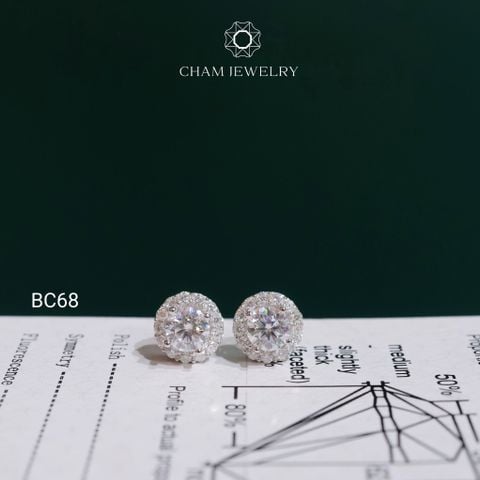 Hoa Tai CHAM JEWELRY BC68, Hoa Tai Halo Tròn Full Moissanite Chủ 5.0mm (Barcode TVM160)