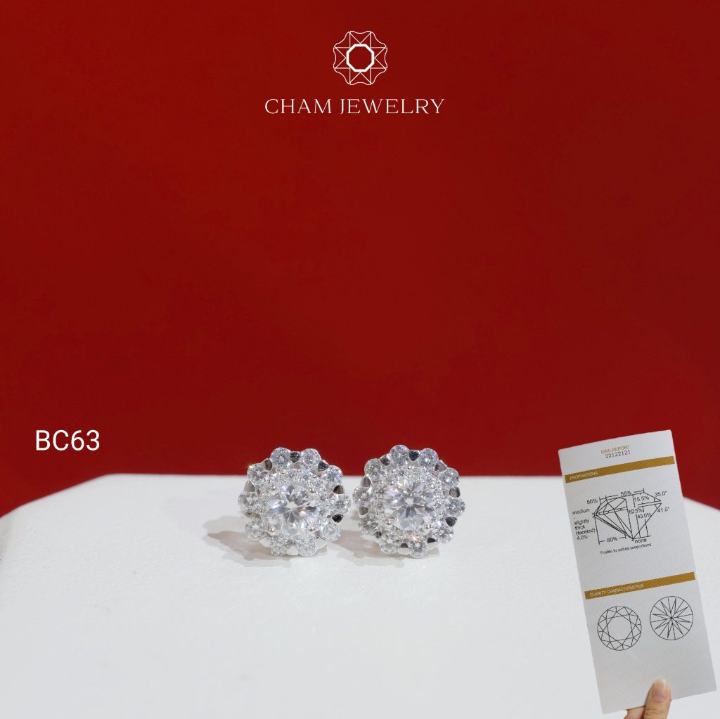 Hoa Tai CHAM JEWELRY BC63, Hoa Tai Full Moissanite Chủ 4.0mm (Barcode TVM144)