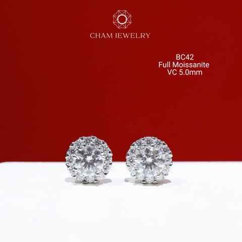 Hoa Tai CHAM JEWELRY BC42, Full Moissanite Chủ 5.0mm (Barcode OB07)