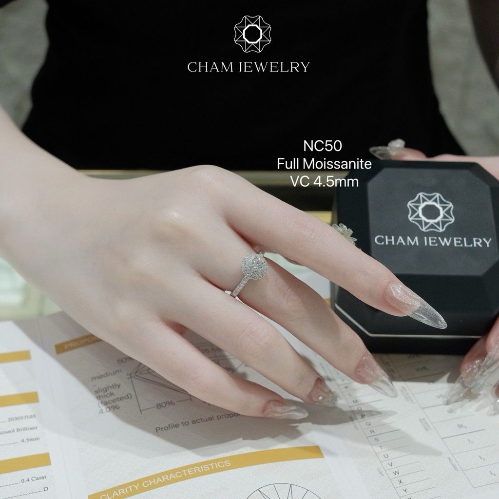Nhẫn NC50 CHAM JEWELRY, Full Kim Cương Moissanite 4.5mm (Barcode ONNU03).
