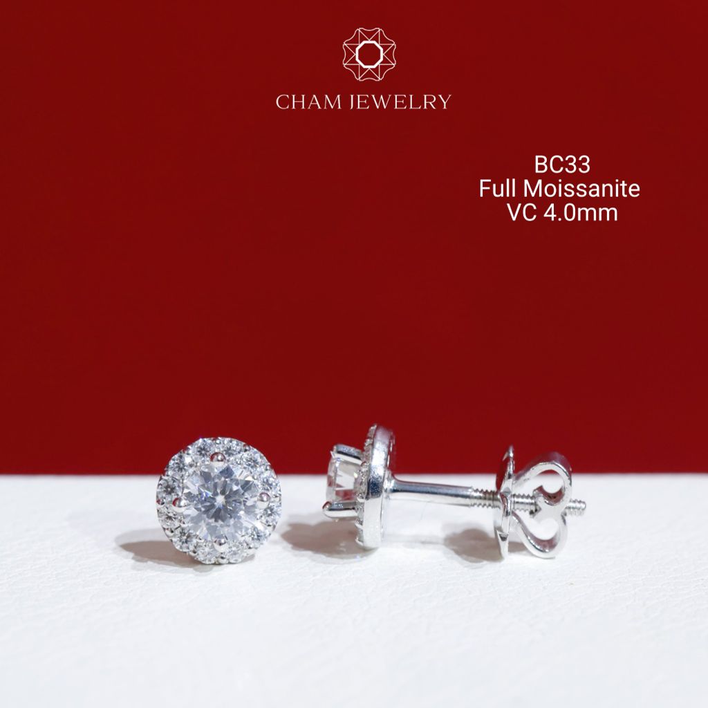 Hoa Tai CHAM JEWELRY BC33, Full Moissanite Chủ 4.0mm (Barcode OB11)