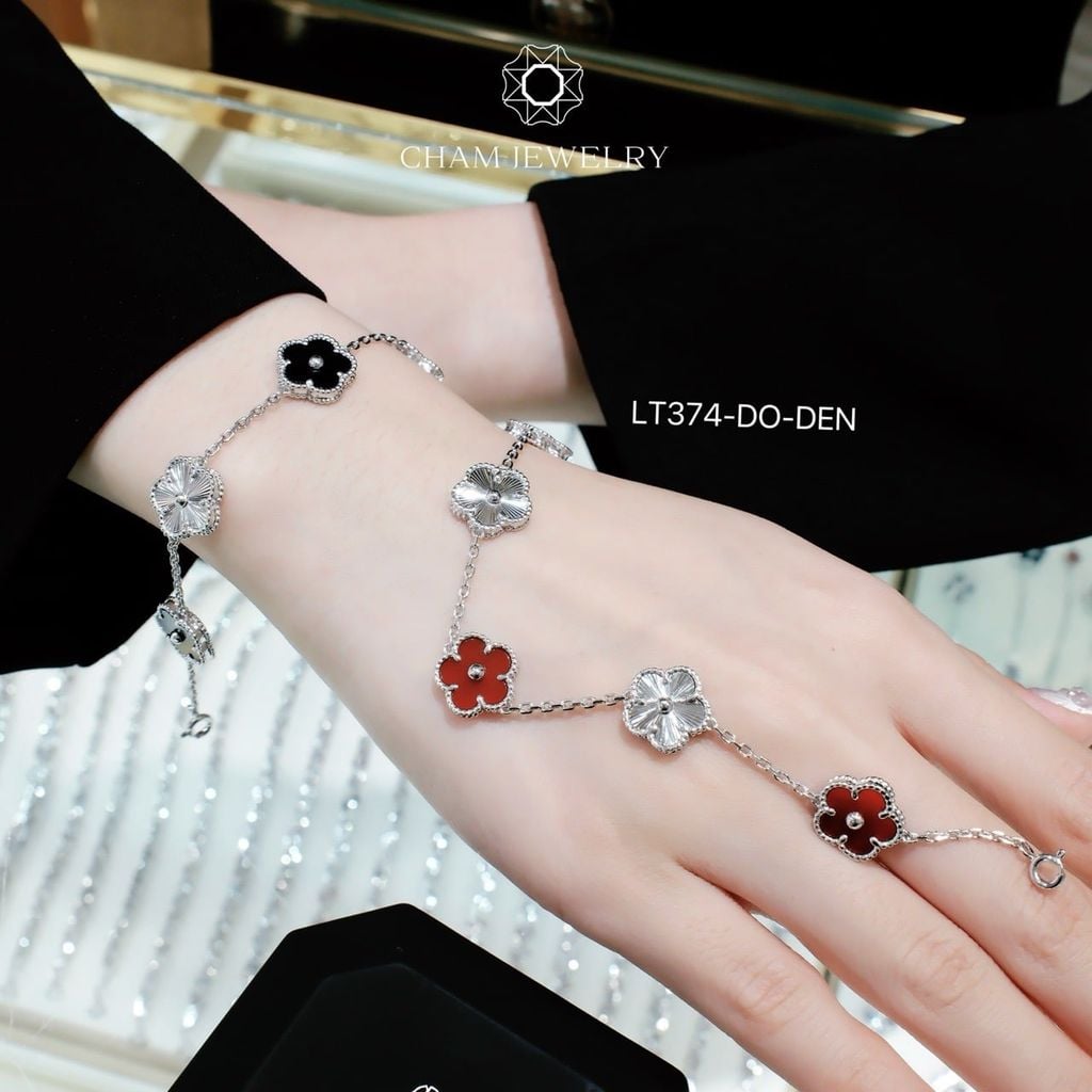 Lắc Tay LT374 CHAM JEWELRY , Lắc Tay Cỏ 5 Lá Free Size Bản 10.0mm Chạm Máy (Barcode TLT1519).