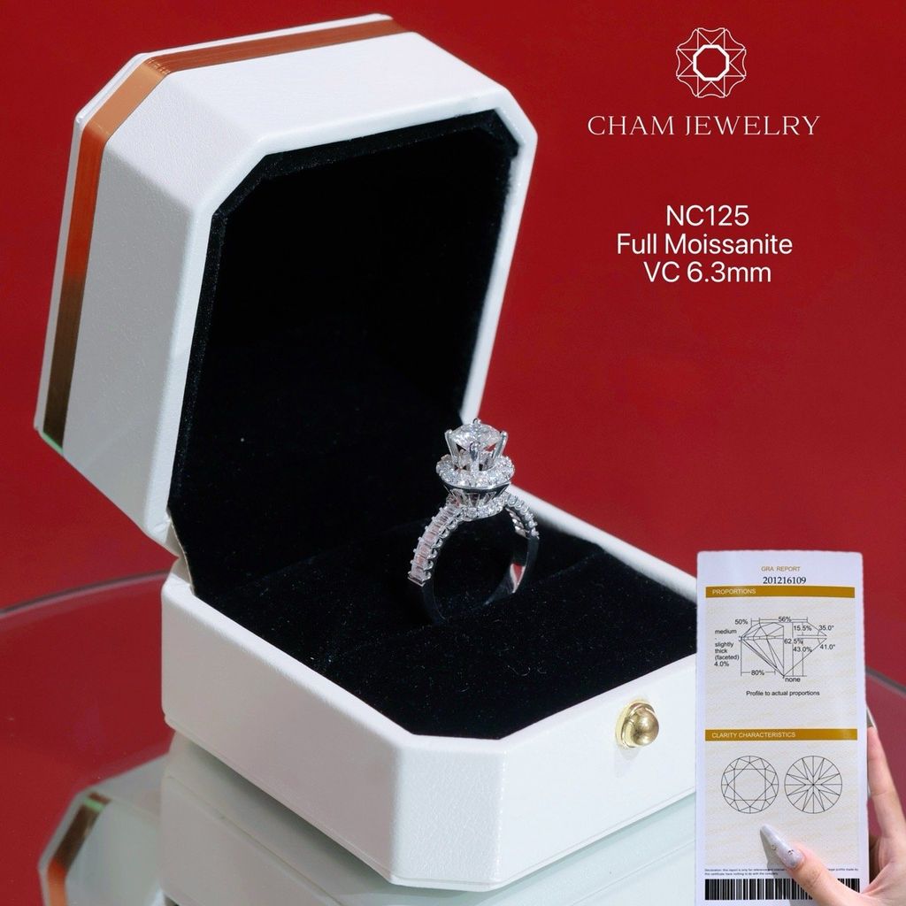 Nhẫn NC125 CHAM JEWELRY, Full Đá Moissanite Chủ 6.3mm (Barcode OHN13)