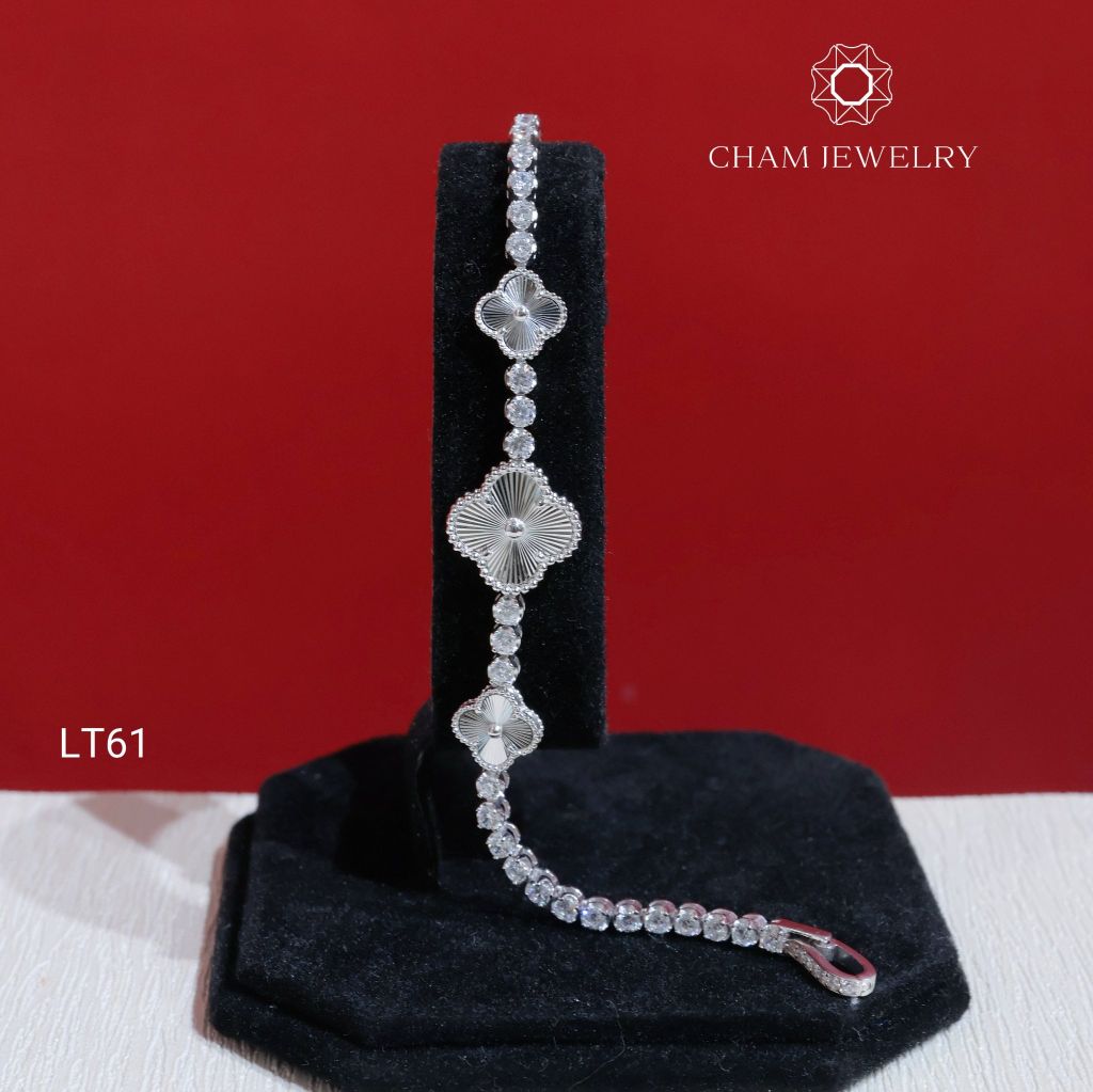Lắc Tay LT61 CHAM JEWELRY, Lắc Tay Cỏ 4 Lá Chạm Máy Full Đá 2.5mm (Barcode TLT1416).